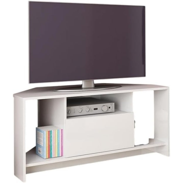 Mobile Porta TV Angolare con 3 Vani Aperti e Anta Bianco Lucido, Rovere Chiaro e Grigio