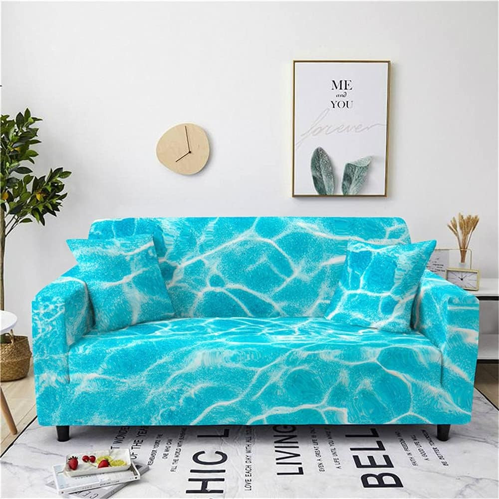 Spandex Sofa Slipcover for a Three-Seater with a Summer Pattern and Matching Stretchy Pillowcase in Sea Aqua Color